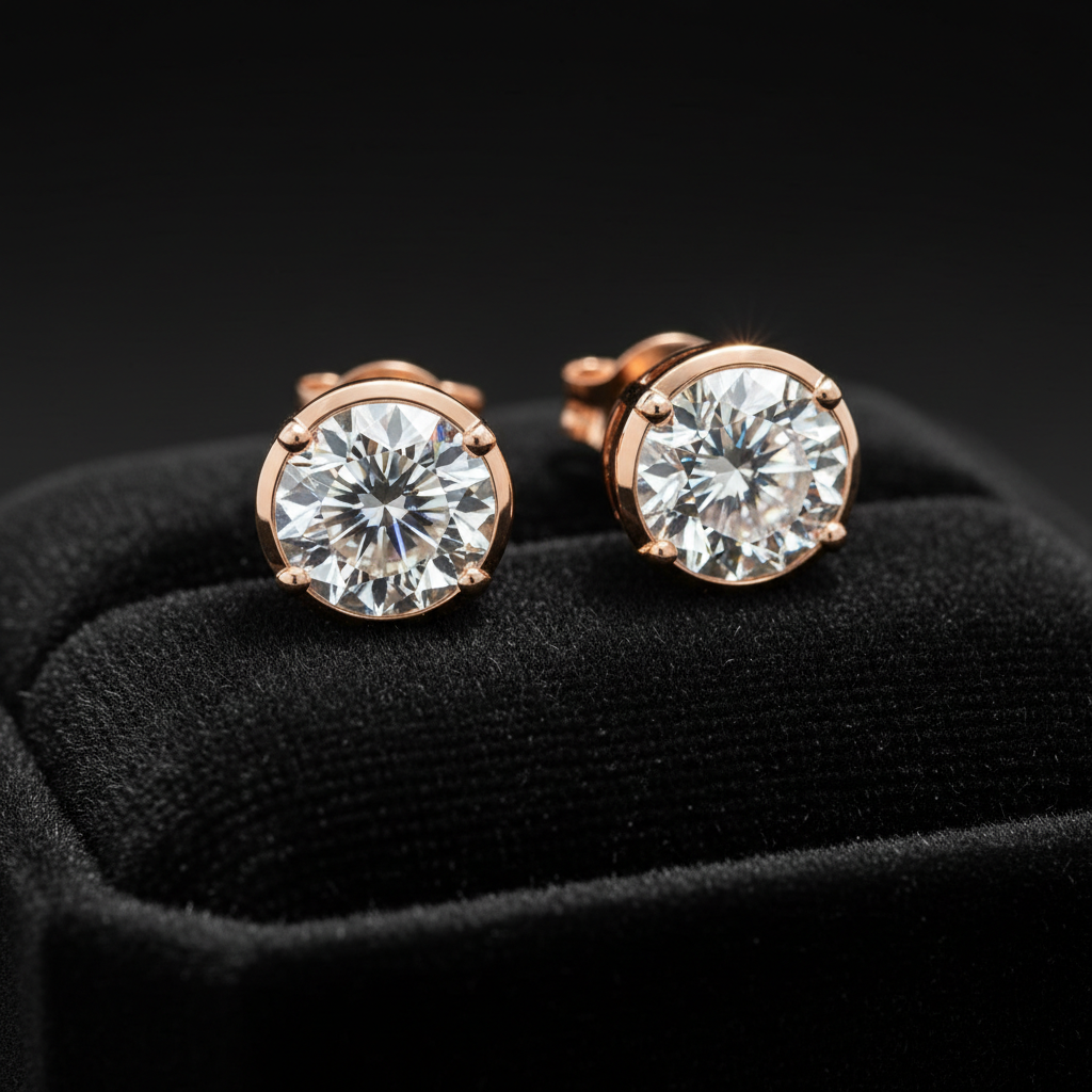 Rose Gold Diamond Studs – Velvet Box